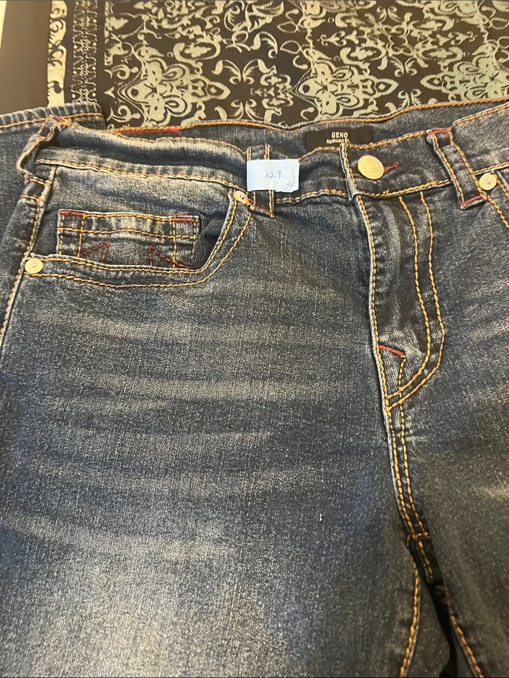 True Religion Men's Skinny Jeans in Dark Blue Denim with Contrast Stitching